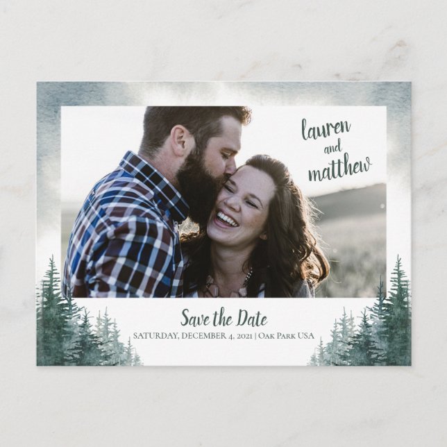 Pine Tree Rustic Wedding Save the Date with Photo Postcard (Front)