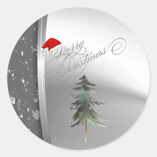 Pine Tree,Santa Hat, Silver Classic Round Sticker (Front)