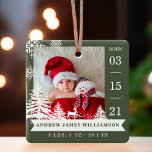 Pine Tree & Snow Baby Birth Stats & Photos Red Ceramic Ornament<br><div class="desc">New baby birth stats photo Christmas ornament. The design features two photos, one photo on the front and one on the back. Display your new baby's photo. The date of birth is displayed along the side and the baby's name and birth stats along the bottom. A green background with white...</div>