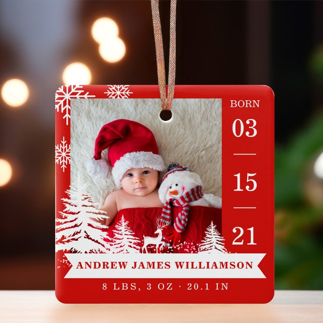  Pine Tree & Snow Baby Birth Stats & Photos Red Ceramic Ornament (Pine Tree & Snow Baby Birth Stats & Photos Red Ceramic Ornament)