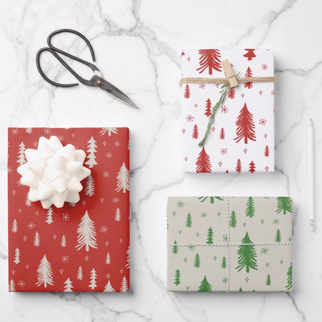 Pine Tree Snowflake Doodle Red Beige Green Trio Wrapping Paper Sheet (Front)