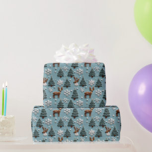Pine Tree Snowflakes and Reindeer Pastel Christmas Wrapping Paper