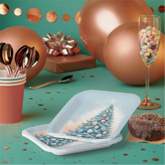 Pine Tree Snowflakes | Blue Orange Coral Ornaments Paper Plate