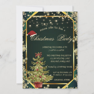 Pine Tree,Stars Lines Green Christmas Company Invitation