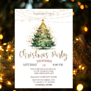 Pine Tree,String Lights Green Christmas Party Invitation