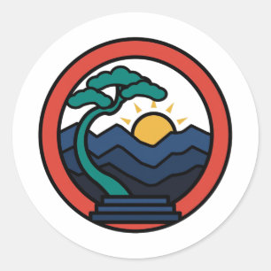 Pine Tree Sunrise Mountains Retro Badge Sticker