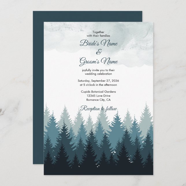 Pine Tree Watercolor Forest Rustic Wedding Invitation (Front/Back)