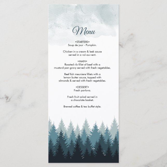 Pine Tree Watercolor Forest Rustic Wedding Menu (Front)