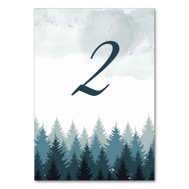 Pine Tree Watercolor Forest Rustic Wedding Table Number (Front)