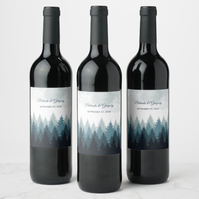 Pine Tree Watercolor Forest Rustic Wedding Wine Label (Bottles)