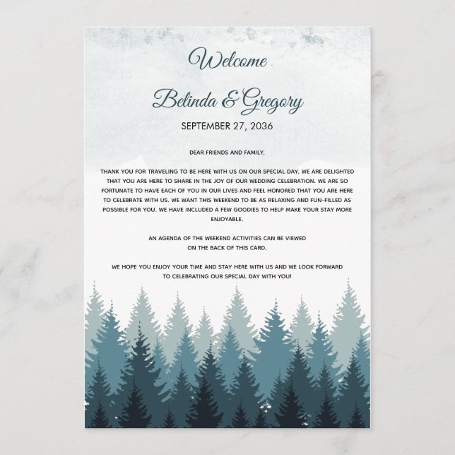Pine Tree Watercolor Forest Wedding Itinerary Programme (Front)