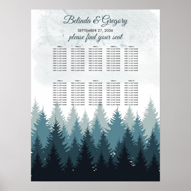 Pine Tree Watercolor Forest Wedding Seating Chart (Front)