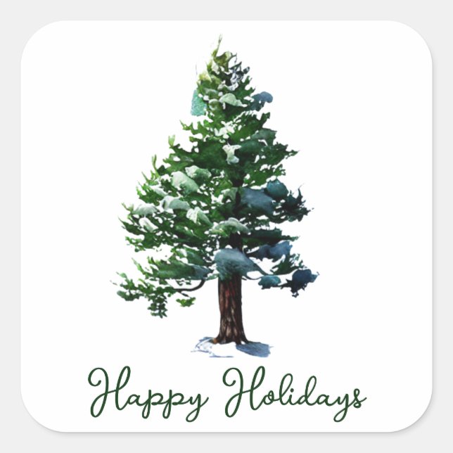 Pine Tree Watercolor Happy Holidays Christmas Square Sticker (Front)