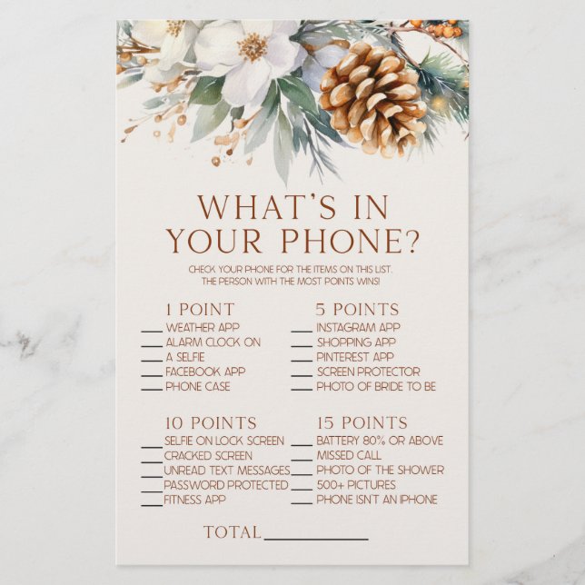Pine Tree What's In Phone Bridal Shower Game Stationery (Front)