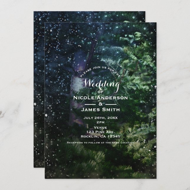 Pine Tree Winter Night Forest Wedding Invitations (Front/Back)