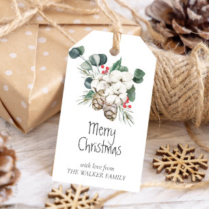 Pine tree with cones, winter berries, cotton buds gift tags