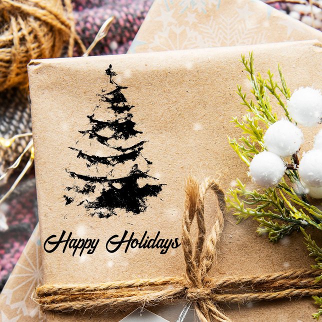 Pine Tree with Snow Script Happy Holiday Christmas Rubber Stamp (Creator Uploaded)