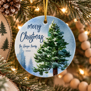 Pine Tree with Snow Watercolor Painting Christmas Ceramic Tree Decoration