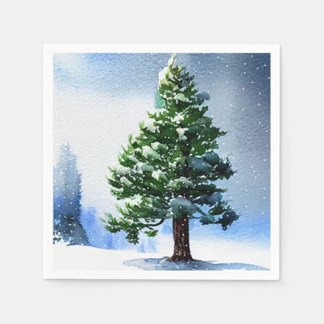 Pine Tree with Snow Watercolor Painting Christmas  Napkin (Front)