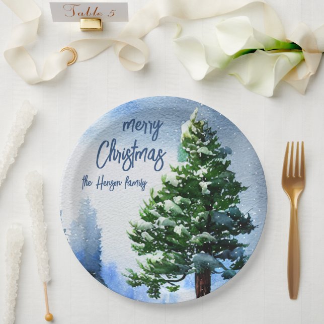 Pine Tree with Snow Watercolor Painting Christmas  Paper Plate (Wedding)