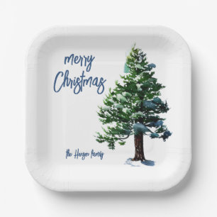 Pine Tree with Snow Watercolor Painting Christmas Paper Plate