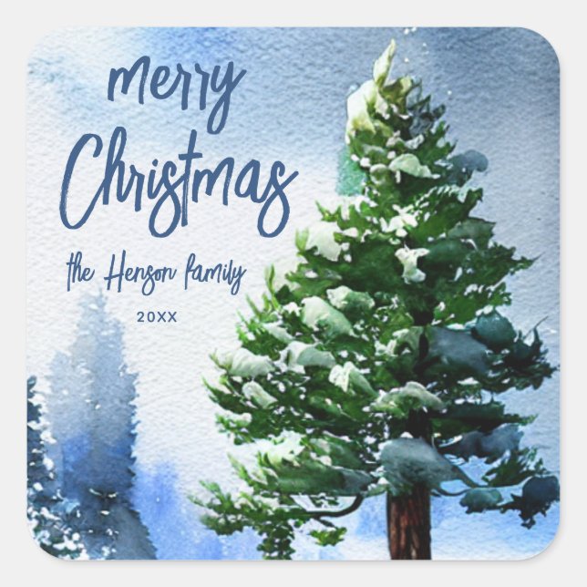 Pine Tree with Snow Watercolor Painting Christmas Square Sticker (Front)