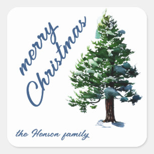 Pine Tree with Snow Watercolor Painting Christmas Square Sticker