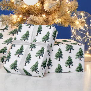 Pine Tree with Snow Watercolor Painting  Wrapping Paper