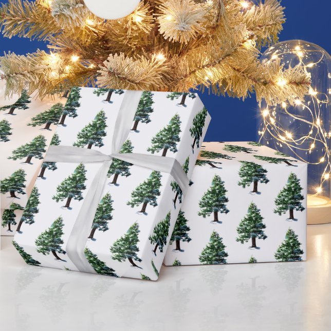 Pine Tree with Snow Watercolor Painting  Wrapping Paper (Holidays)