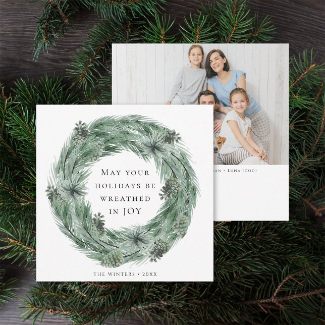 Pine Tree Wreath Family Photo Holiday Card (Front & Back)