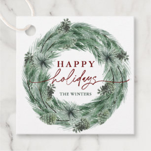 Pine Tree Wreath Happy Holidays Green & Red  Favour Tags