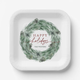 Pine Tree Wreath Happy Holidays Green & Red Paper Plate