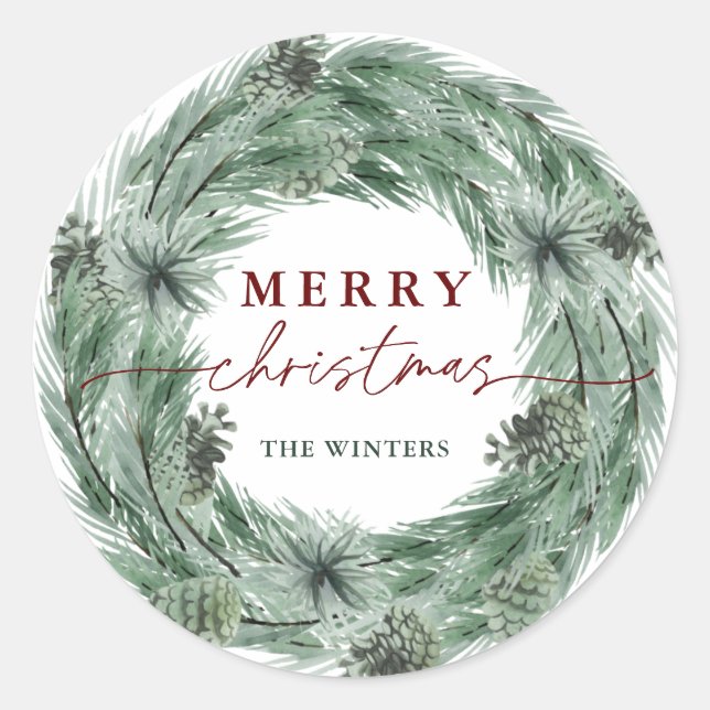Pine Tree Wreath Merry Christmas Classic Round Sticker (Front)