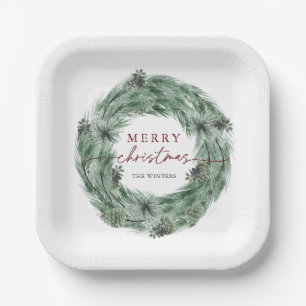 Pine Tree Wreath Merry Christmas Green & Red Paper Plate