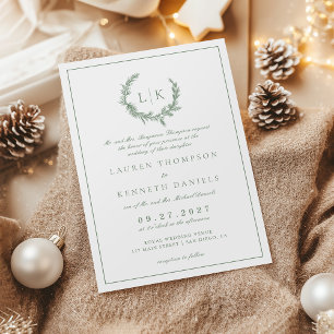 Pine Tree Wreath Monogram Sage Green Wedding Invitation