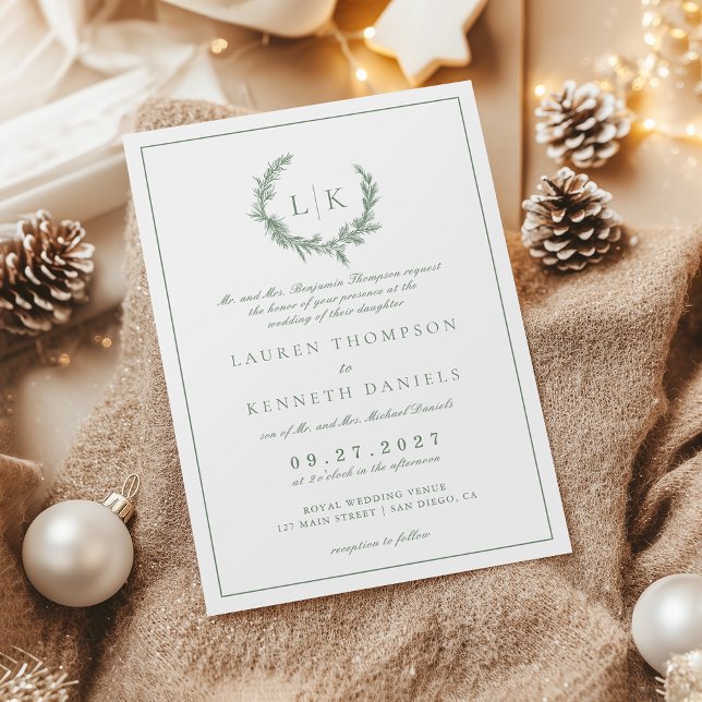 Pine Tree Wreath Monogram Sage Green Wedding Invitation (Creator Uploaded)
