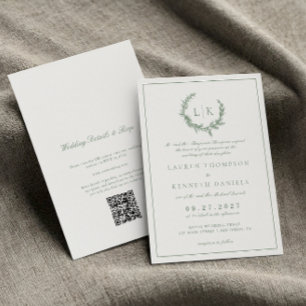 Pine Tree Wreath Sage Green QR Code Wedding Invitation