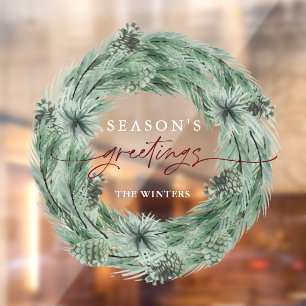 Pine Tree Wreath Season's Greetings Window Cling