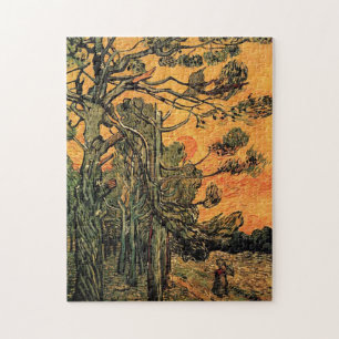Pine Trees against a Red Sky with Setting Sun. Jigsaw Puzzle