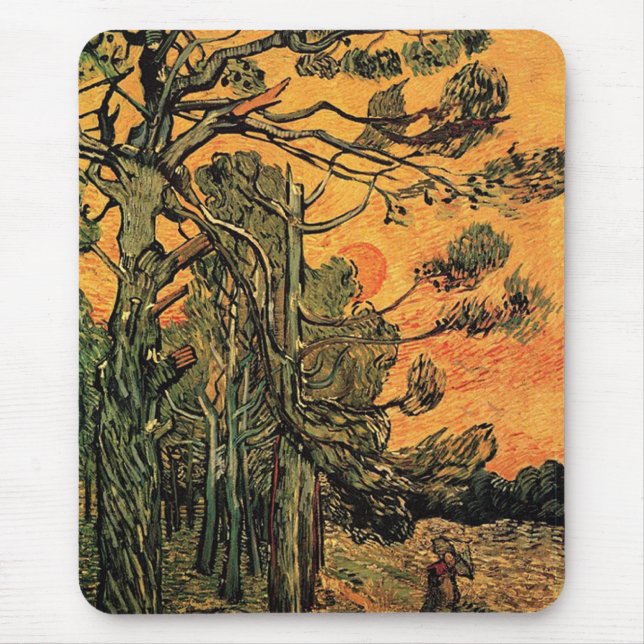Pine Trees against a Red Sky with Setting Sun. Mouse Mat (Front)
