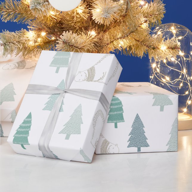 Pine Trees and a White Polar Bear Happy Holidays Wrapping Paper (Holidays)