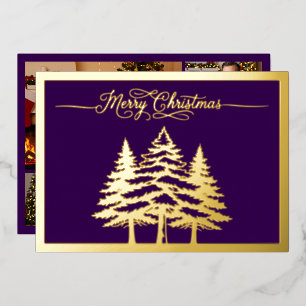 Pine trees and Merry Christmas in Purple, Gold Foil Holiday Card