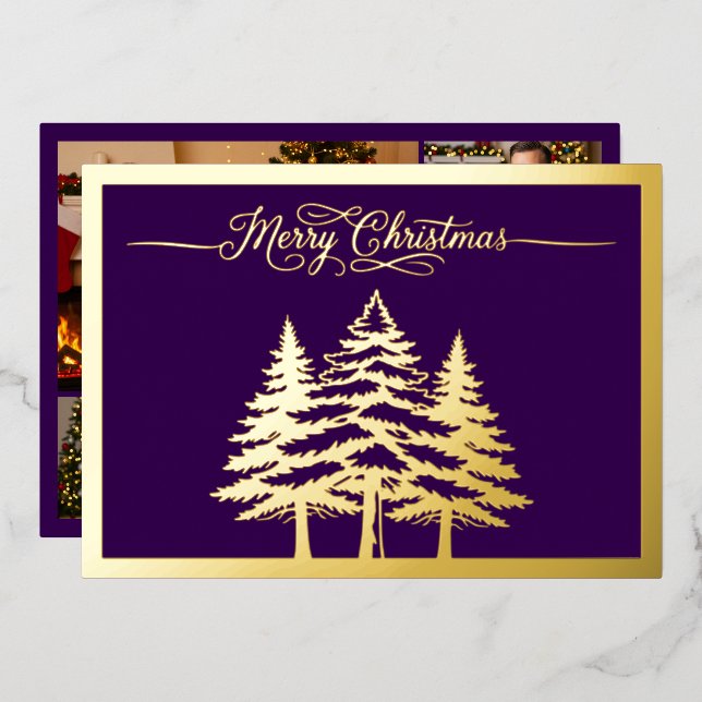 Pine trees and Merry Christmas in Purple, Gold Foil Holiday Card (Front/Back)