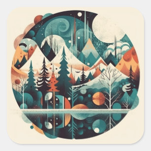 Pine trees and mountains, customisable square sticker