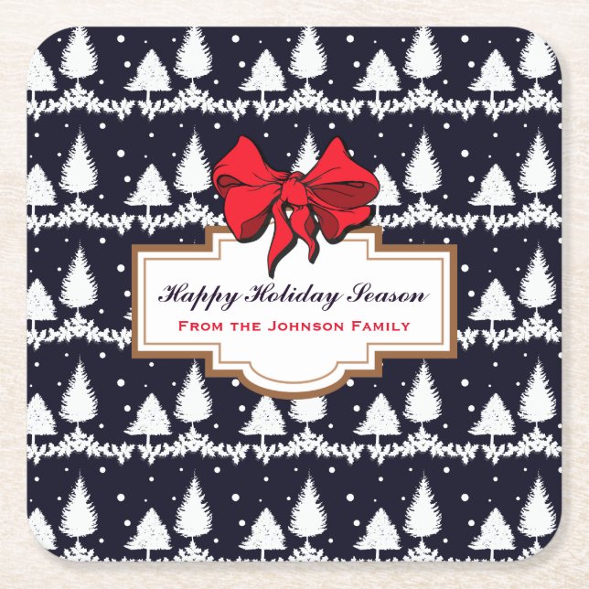 Pine Trees and Snow Happy Holiday Season Family Square Paper Coaster (Front)