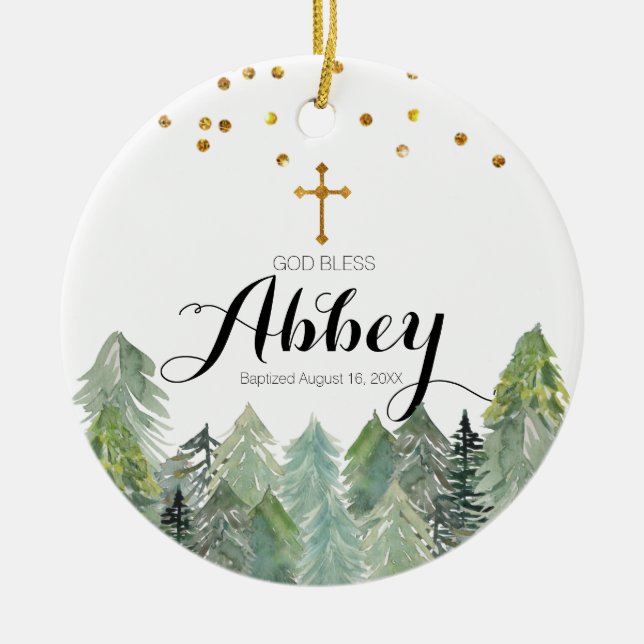 Pine Trees Baptism Ornament God Bless Ornament (Front)