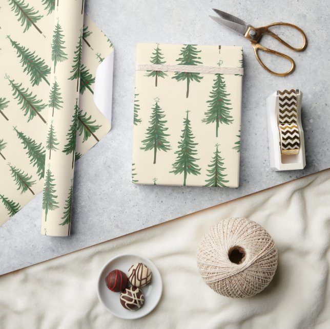 Pine Trees Beige Watercolor Christmas Holiday Wrapping Paper (Crafts)