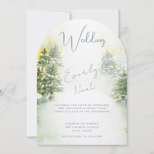 Pine Trees Blue Green Watercolor Wedding Invitation (Front)