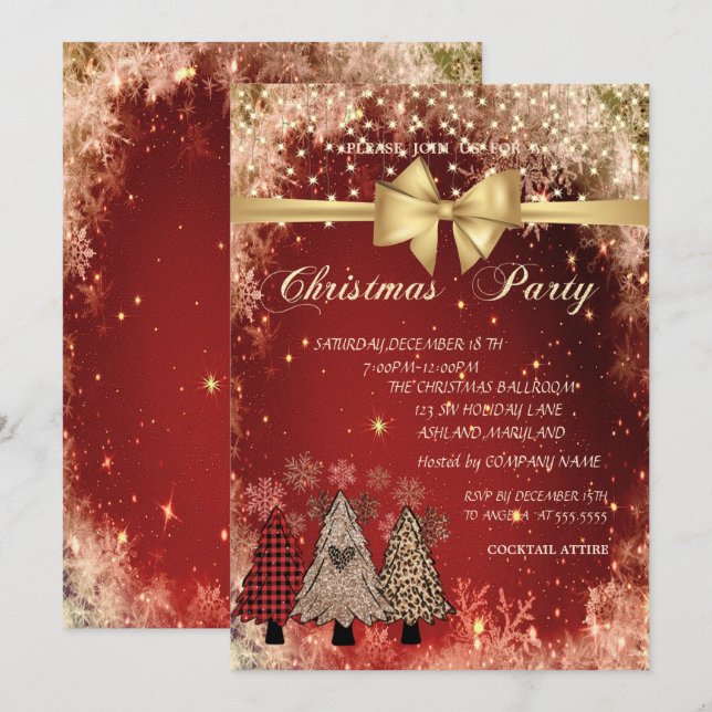 Pine Trees,Bow Red Company Christmas Party  Invitation (Front/Back)