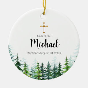 Pine Trees Forest Baptism Ornament God Bless